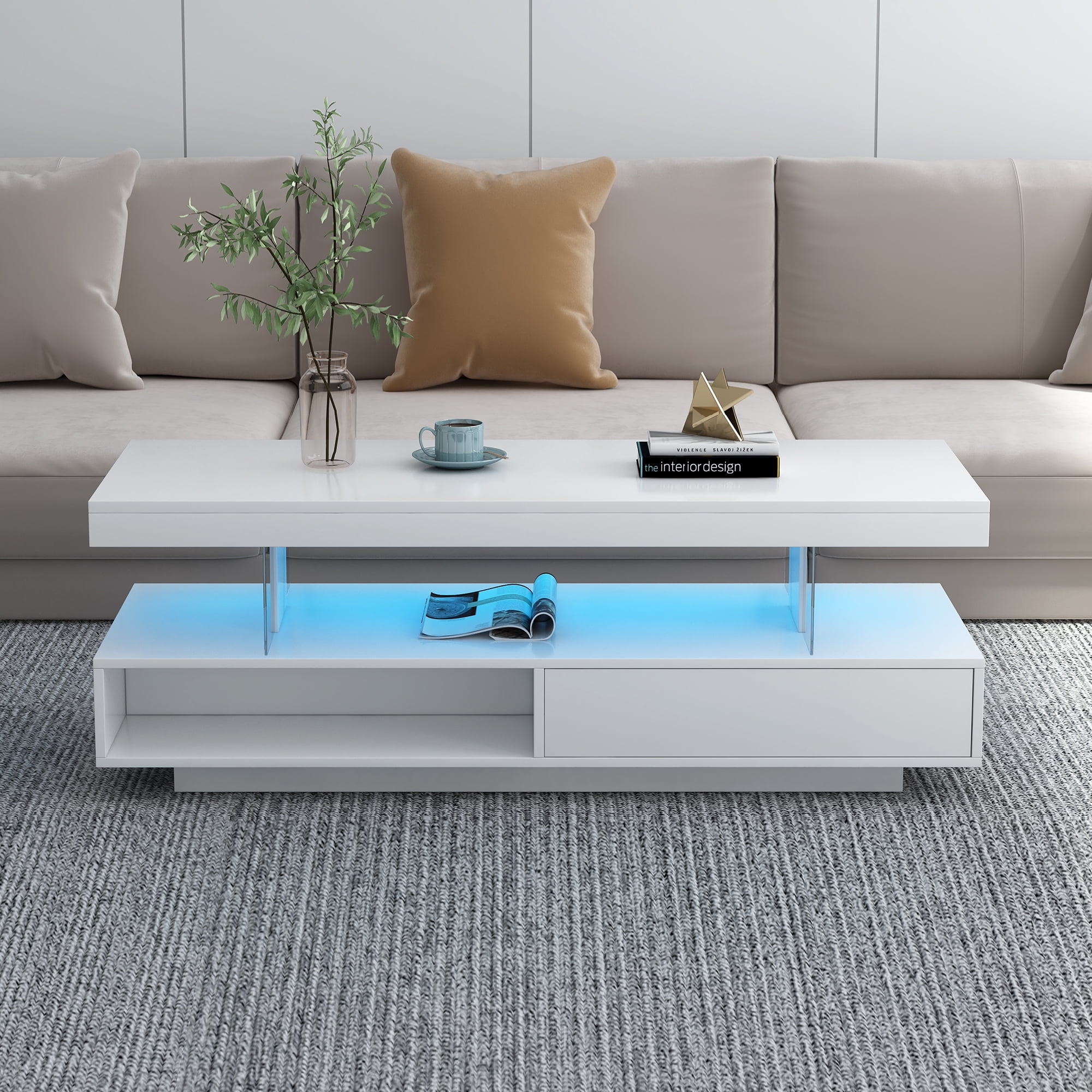 Euroco LED Coffee Table with Storage and Display Shelves, Modern Black Center Table with 2 Drawers and 16-Color LED Lights for Living Room