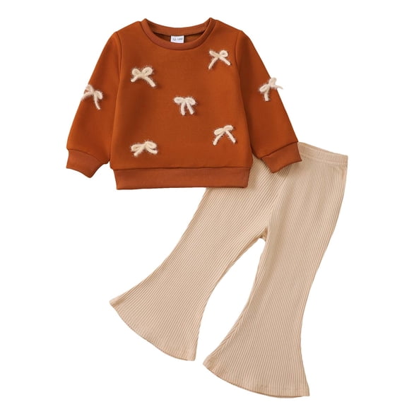 KIMI BEAR 2T Toddler Girl Outfit Set 3T Child Girls Winter Clothes Long Sleeves Bowknot Pullover Top Solid Color Flared Pants 2pcs Clothing Brown