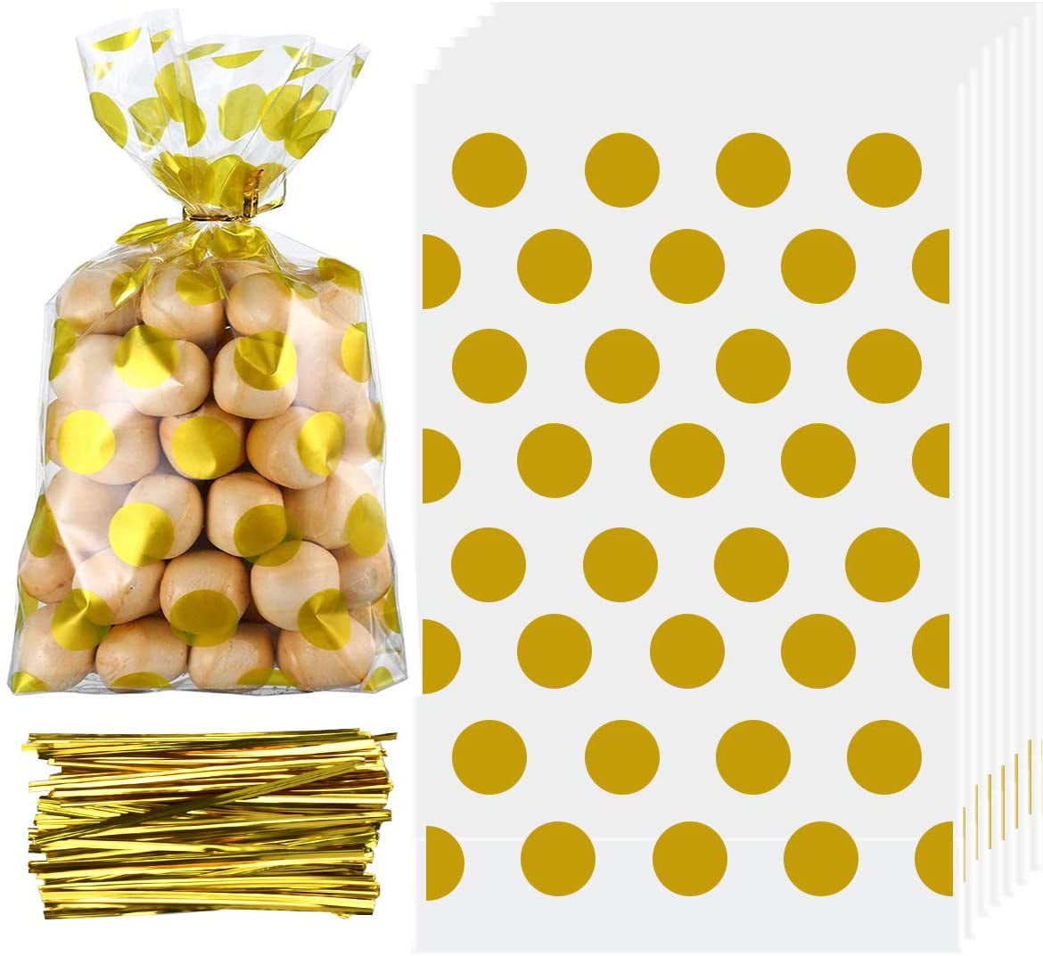 Gold Polka Dots Sweet Bags Polka Dot Treat Bags 100 PCS Gusset Bags with Gold Twist Ties 5.2 x 8.4 INCH Cellophane Goody Bags with Bottom for Party Favor Candies and Cookies