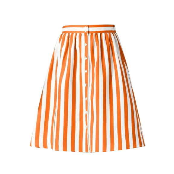DARING DIVA Women's Striped Button Front Elastic Back Waist A-Line Midi Skirt Large Orange