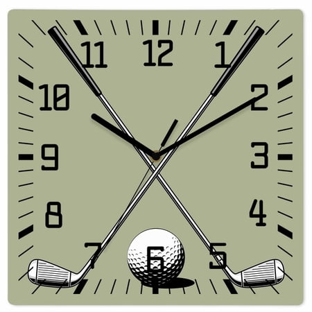 Wall Clock Golf Ball Club Operated Square Clocks Wooden Silent Non-Ticking Wallclock 12 Inch Game Sports Sage Green Wood Wall Clock for Living Room Bedroom Office Shool Home Decor