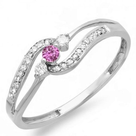Dazzlingrock Collection 14K Pink Sapphire And White Diamond 3 stone Engagement Promise Ring, White Gold, Size 5