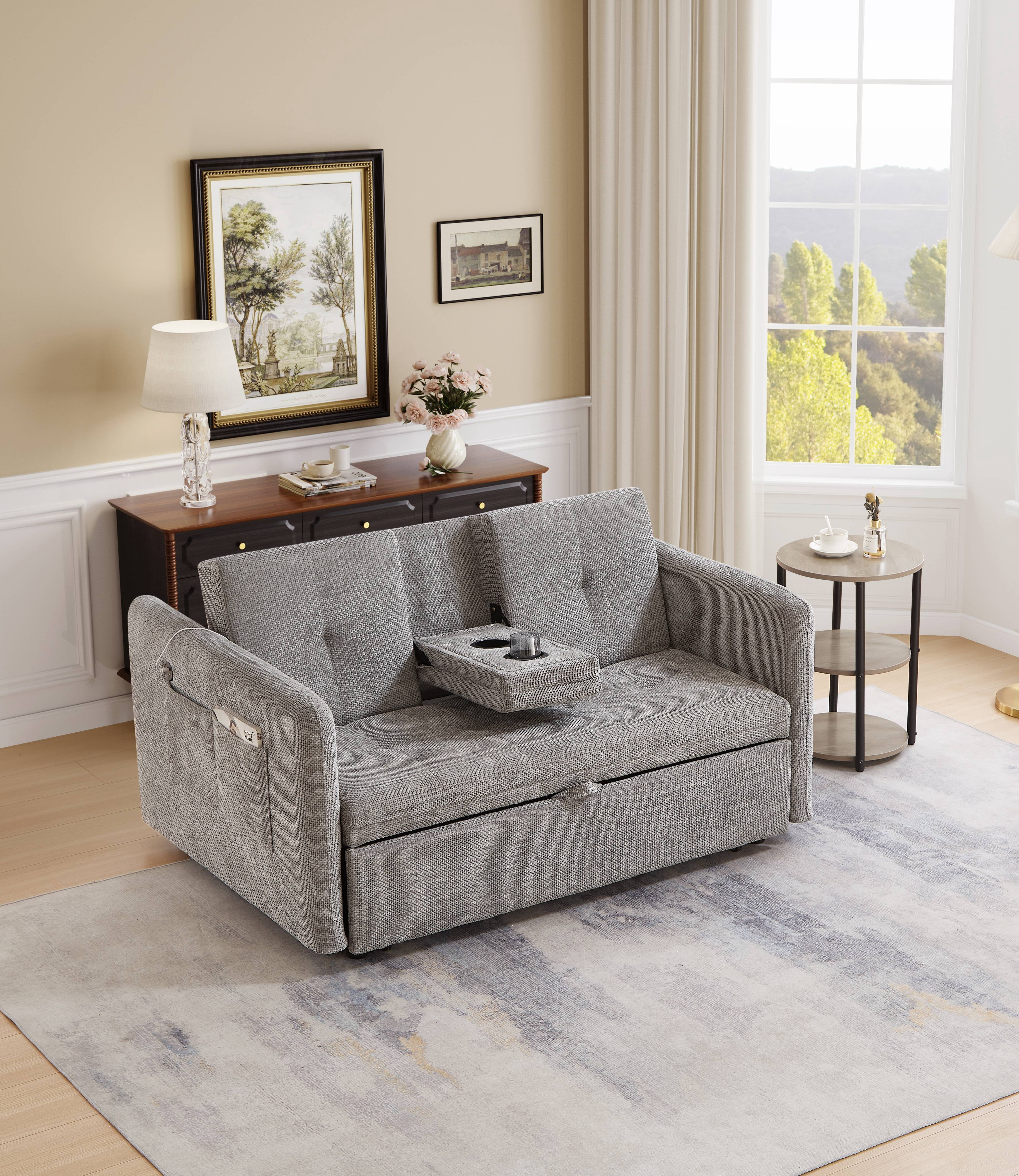 Noodeniya 57" 3 In 1 Convertible Sleeper Couch Bed with two cup holders, pull out sofa bed with USB and Side Pocket, Grey
