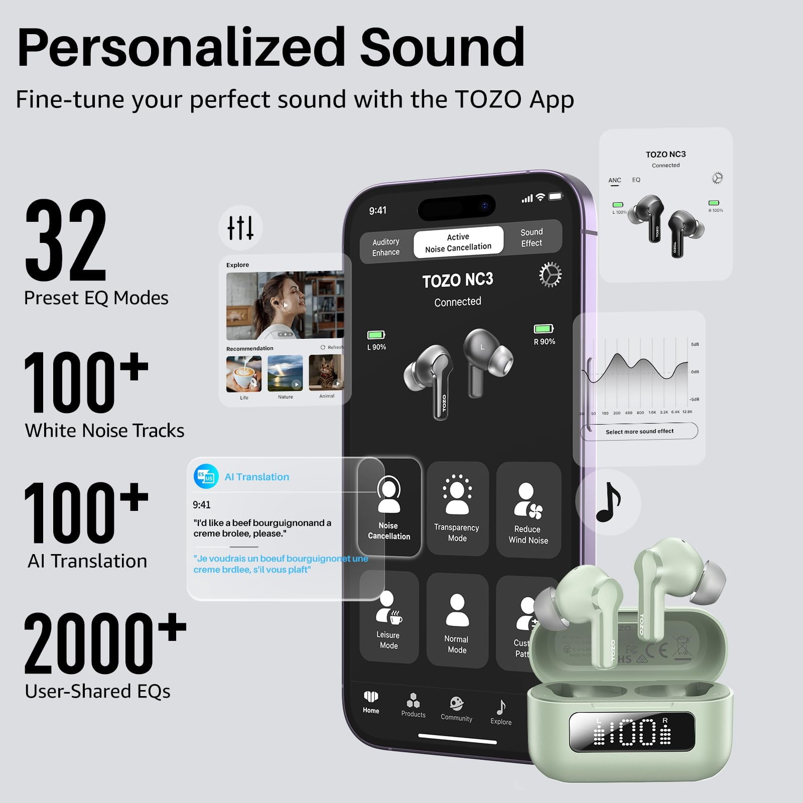 TOZO AI Translation Noise Cancelling Earbuds Wireless, Bluetooth Headphones, 68H Play, 6-Mic ENC Clear Calls, Stereo Bass with APP-32EQ, LED Power Display, IPX8 Waterproof, Fast Pairing & Low Latency