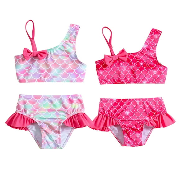 Emy Dola Baby Girls One Shoulder Swimsuits Toddlers Two-Piece Mermaid Bikini Sets Ruffle Rim Bathing Suit Beach Pool Swimwear