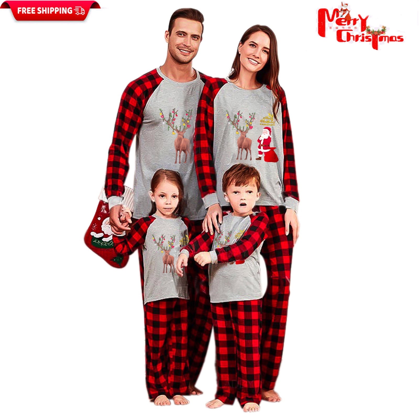 Matching Family Pajamas Sets Christmas PJ's with Elk and Plaid Printed