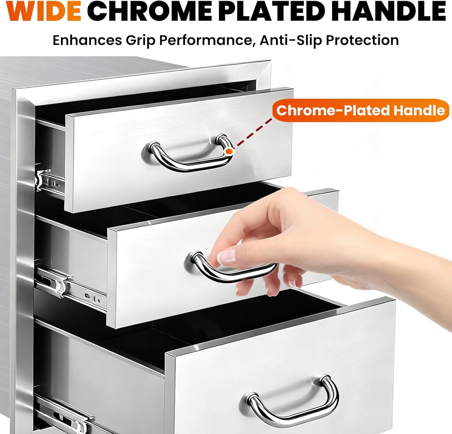Stainless Steel Flush Mount BBQ Drawer, 18''W x 23''H x 23''D Outdoor Kitchen Cabinets, 3-Drawer BBQ Drawers with 3 x 48LBS/Tier Design for BBQ Island, Grill Area