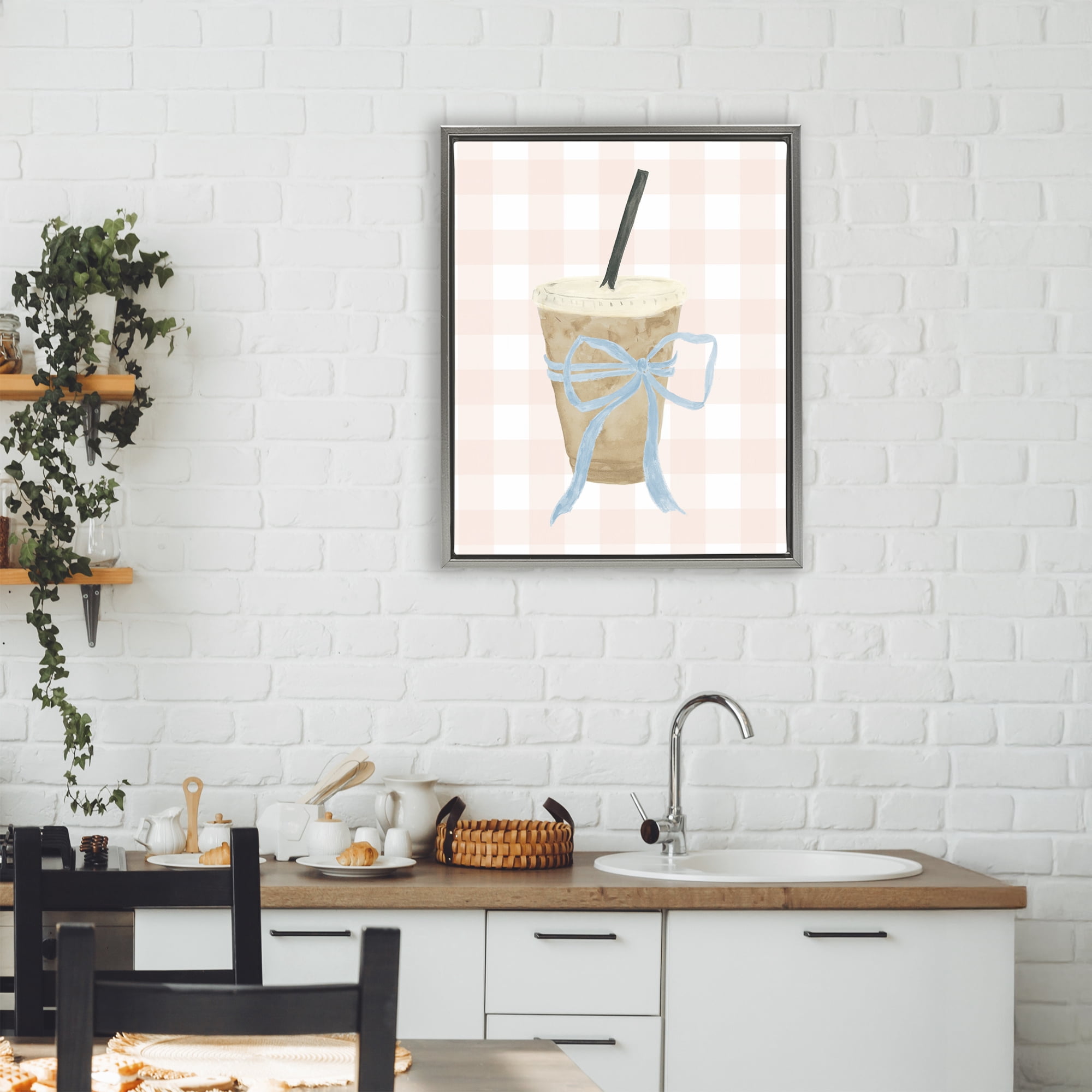 Stupell Industries Iced Coffee on Gingham Gray Framed Floater Canvas Wall Art, design by Lucille Price