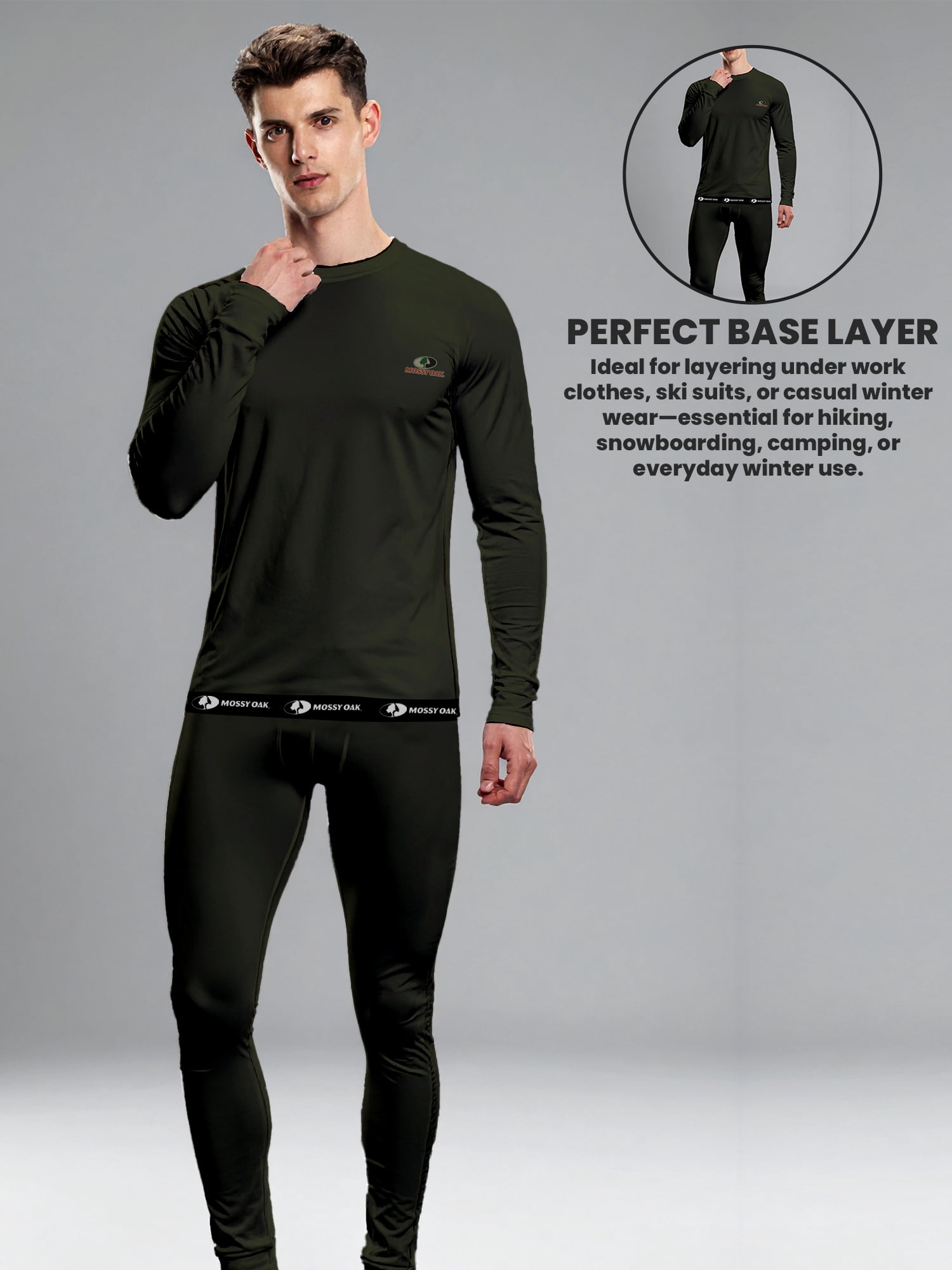 Mossy Oak Men’s Base Layers Set Compression Pants & Shirt Thermal Wear for Men, Forest Night XL