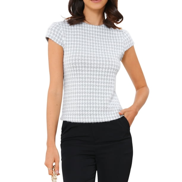 Blusas Houndstooth Inspire Chic para mujeres, elegante cuello redondo, top de oficina con mangas cortas, talla XL, blanco