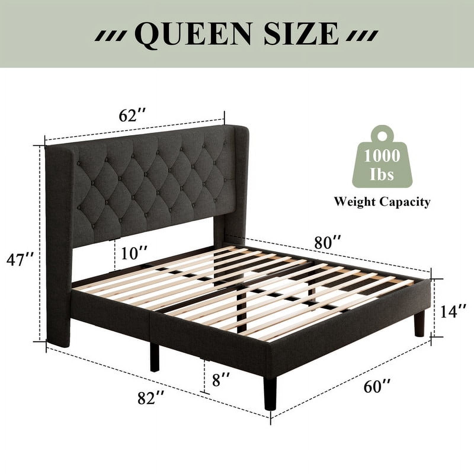 iPormis Queen Size Bed Frame with Diamond Button Tufted Wingback Headboard, Upholstered Platform Bed Frame with Strong Wood Slat Support, No Box Spring Needed, Dark Grey