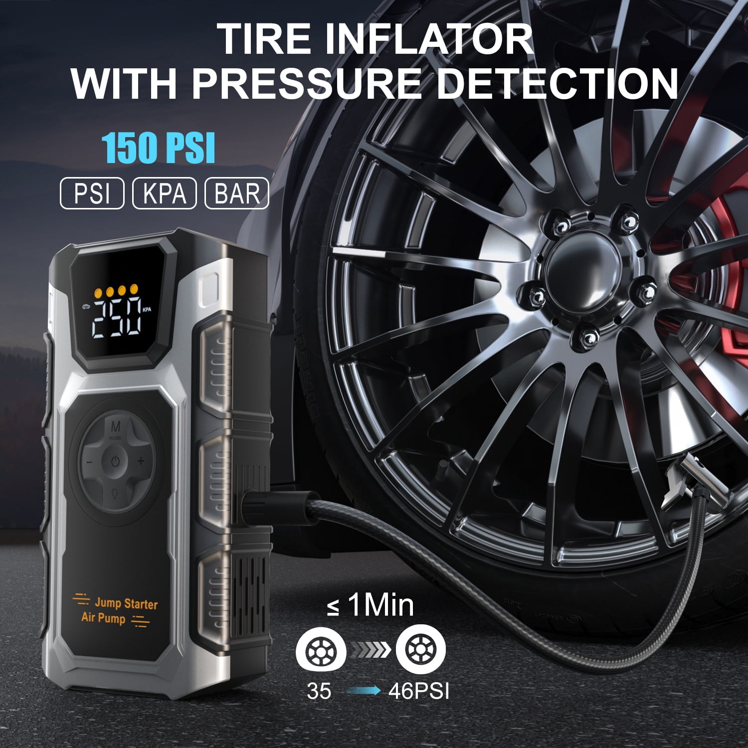 Pabulum 5000A Car Jump Starter with Air Compressor & Tire Inflator, 12V Portable Battery Booster Jump Pack for 9.0L Gas/7.5L Diesel, Jump Box Fast Charging, Power Bank, Emergency Light