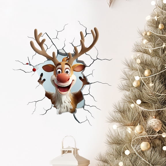 Clearance Under $2.06! 3D Christmas Reindeer Wall Sticker, Breaking Through The Wall Design, Creative Holiday Room Decoration
