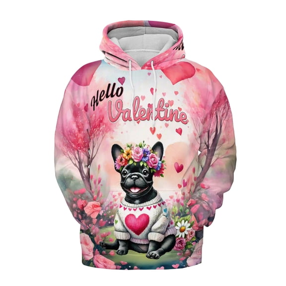 Hello Valentine’s Day French Bulldog Flower Crown Romantic Pink Floral All Over Print 3D Hoodie Unisex Merch Hoodies Dog Lover Gifts - 00031