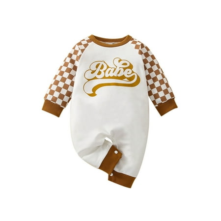 

aturustex Fall Baby Girls Boys Romper Letter Plaid Printing Round Collar Raglan Long Sleeve Jumpsuit Casual Clothes