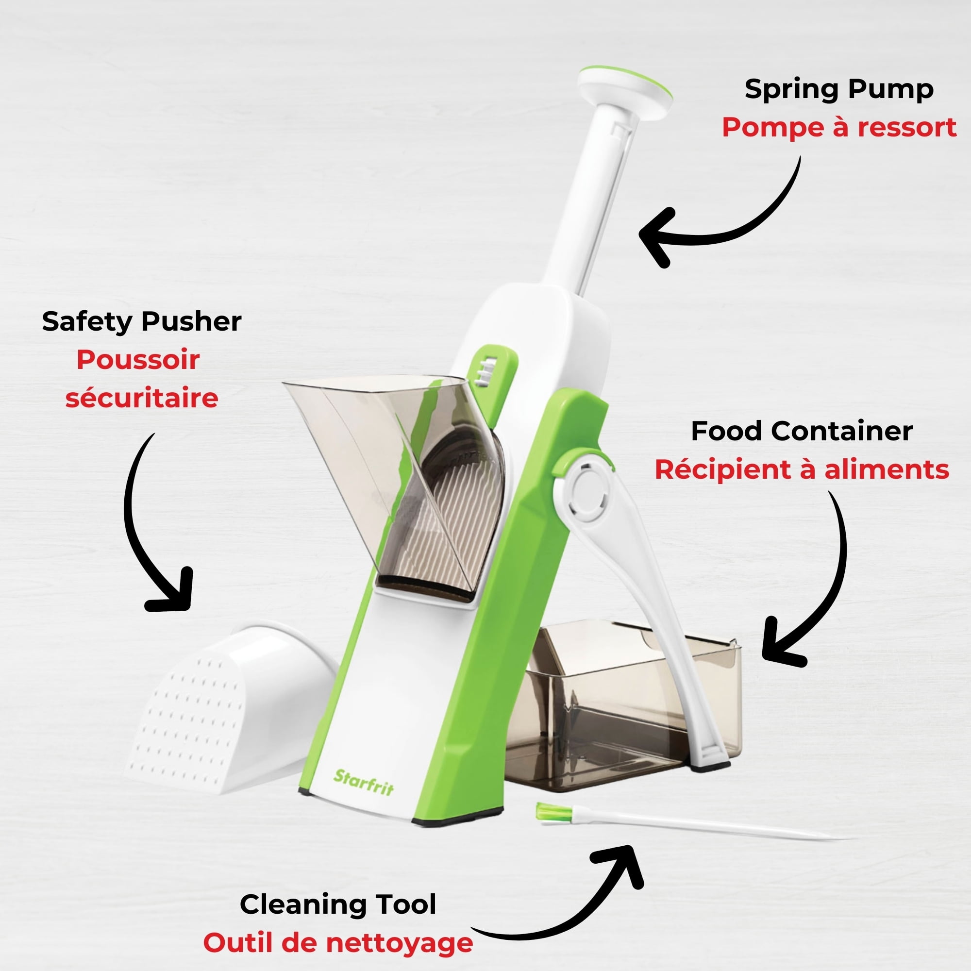 Starfrit Pump'n'Slice, Vertical Mandoline, Food Chopper, Slicer, Safe Enclosed Blades, Folds for Storage, Cleaning Tool -2-in-1, Starfrit Pump'N'Slice lets you quickly slice fruits and veggies with a simple pump. Adjustable stainless steel blades cut evenly from 0.5 to 8 mm. Safe enclosed blades, compact design with foldable feet, and dishwasher-safe parts make prep and cleanup easy.