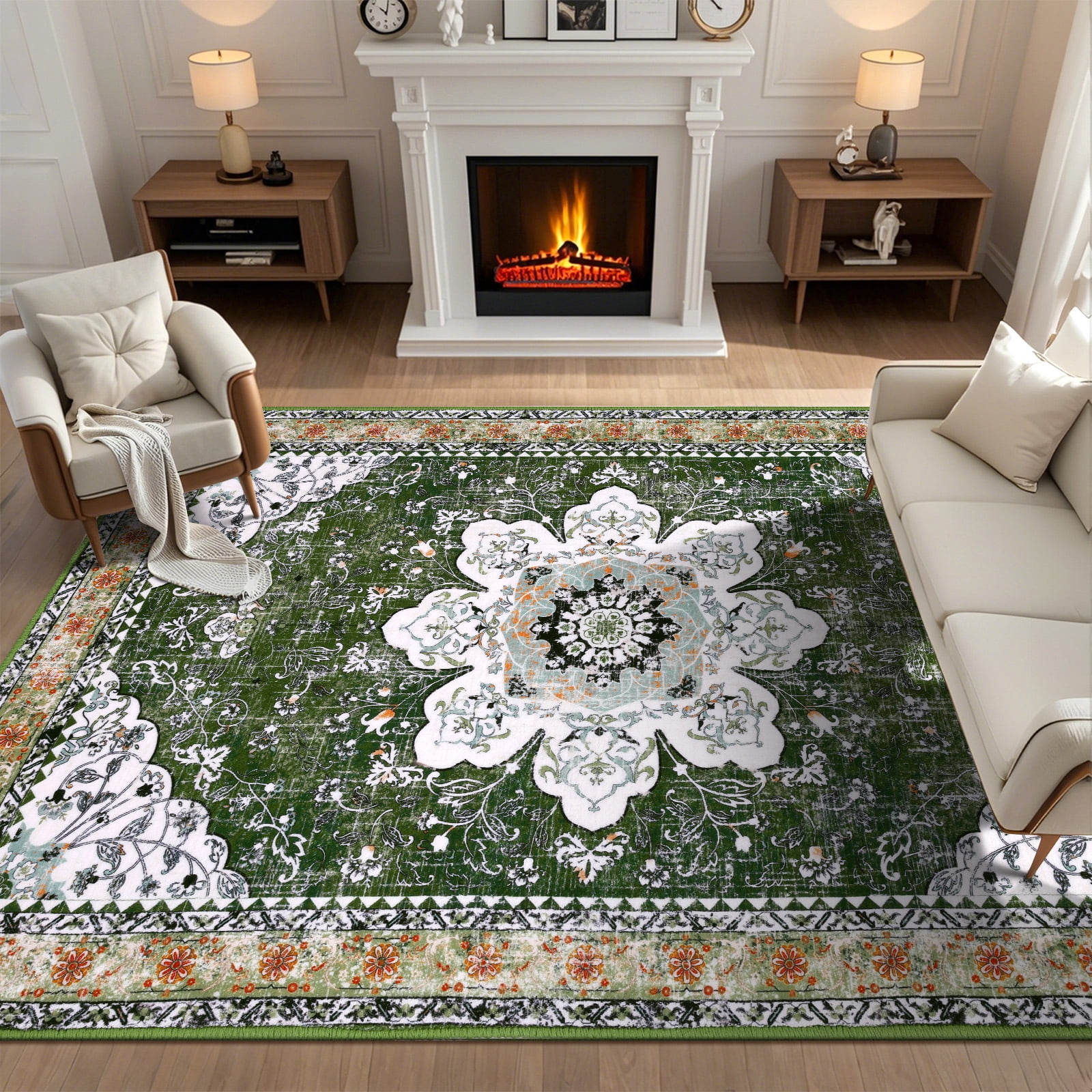 MeyJey Oriental Indoor Living Room Area Rug 5'x8', Non-Slip Machine Washable Vintage Floor Carpet for Bedroom Dining Kitchen Hallway Nursery, Green