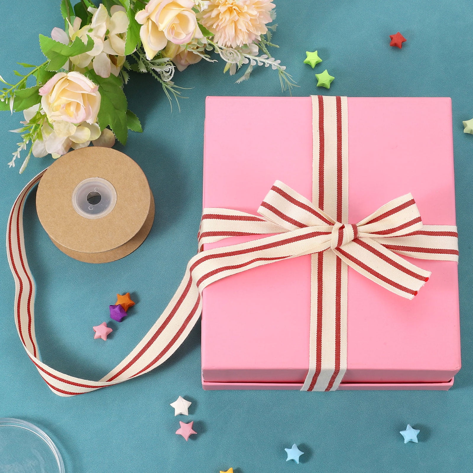 Unique Bargains Natural Cotton Striped Ribbon Gift Wrapping Natural Black 20 Yd