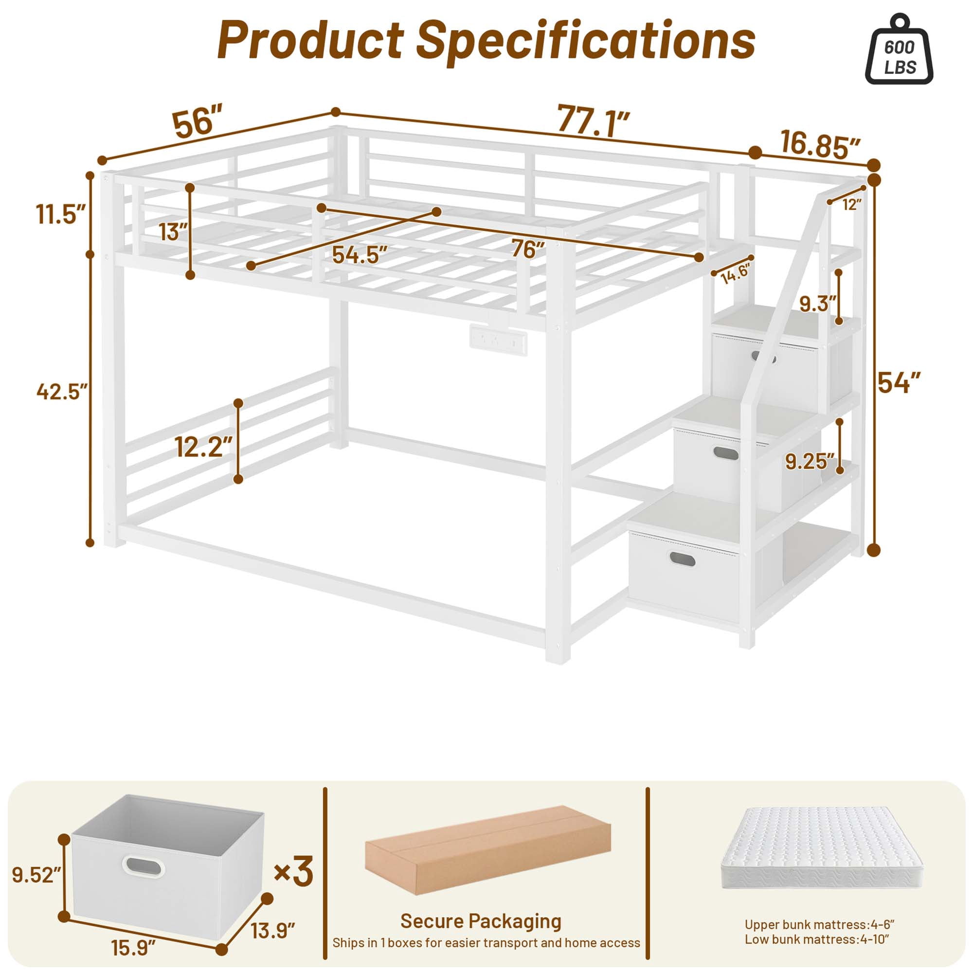 Miniyam Full Over Full Bunk Bed with Storage Stairs, Movable Charging Station and LED Lights, White