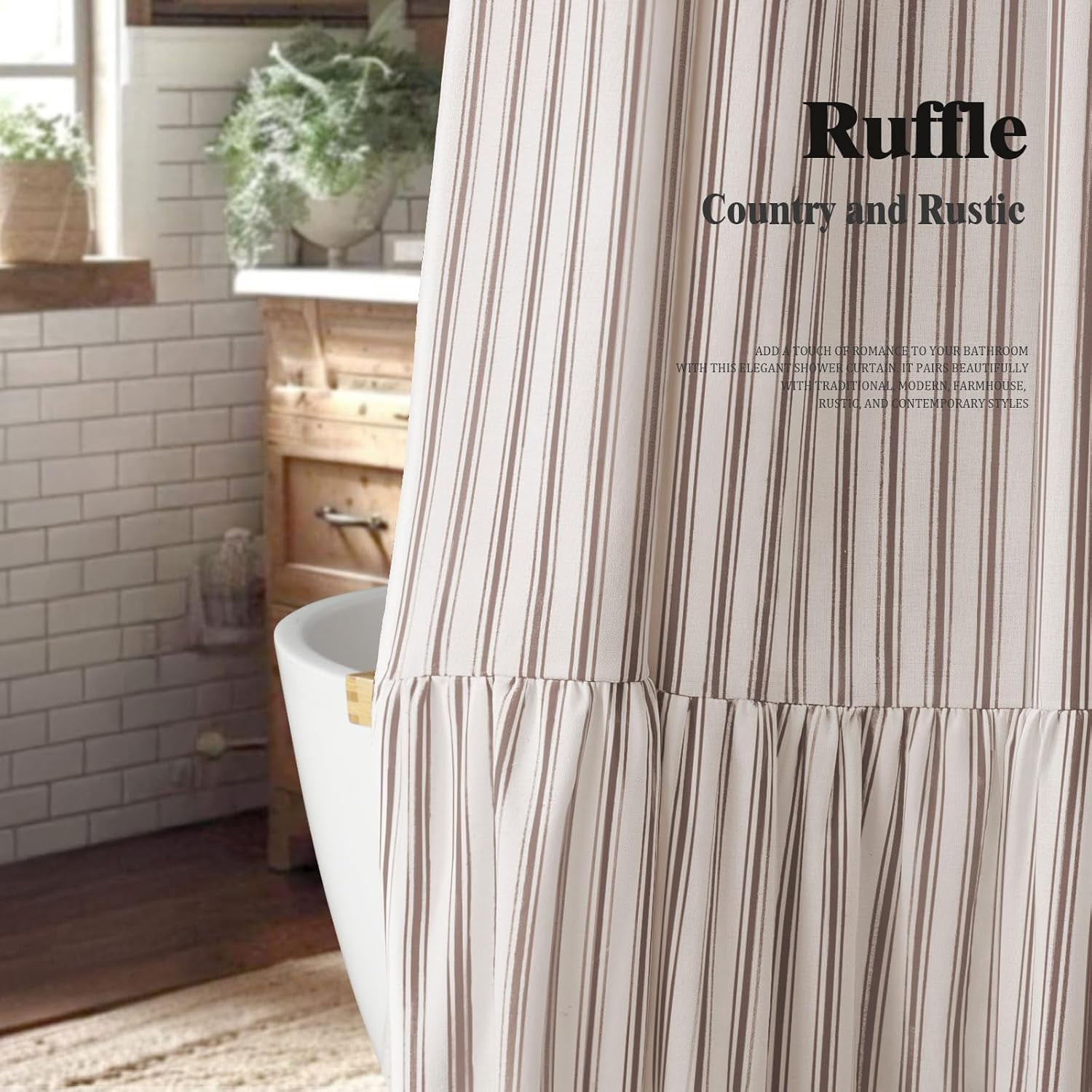 Boho Farmhouse Shower Curtain with Ruffle Hem, Linen Textured White Shower Curtains for Bathroom Vintage Rustic Fabric, Brown Stripe 72" W x 72" L