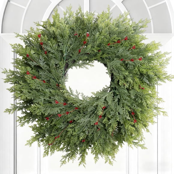 Corona de Navidad de Cedro Dushle 66 cm con Bayas Rojas para la Puerta