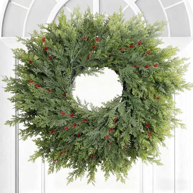 Corona de Navidad de Cedro Dushle 66 cm con Bayas Rojas para la Puerta