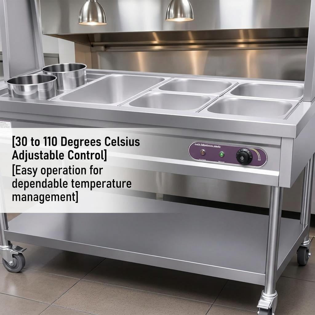 Adjustable Temperature 30℃-110℃ Commercial Food Warmer,Electric Steam Table with Shield Undershelf Wheels,Food Grade Stainless Steel Server for Hotel Catering