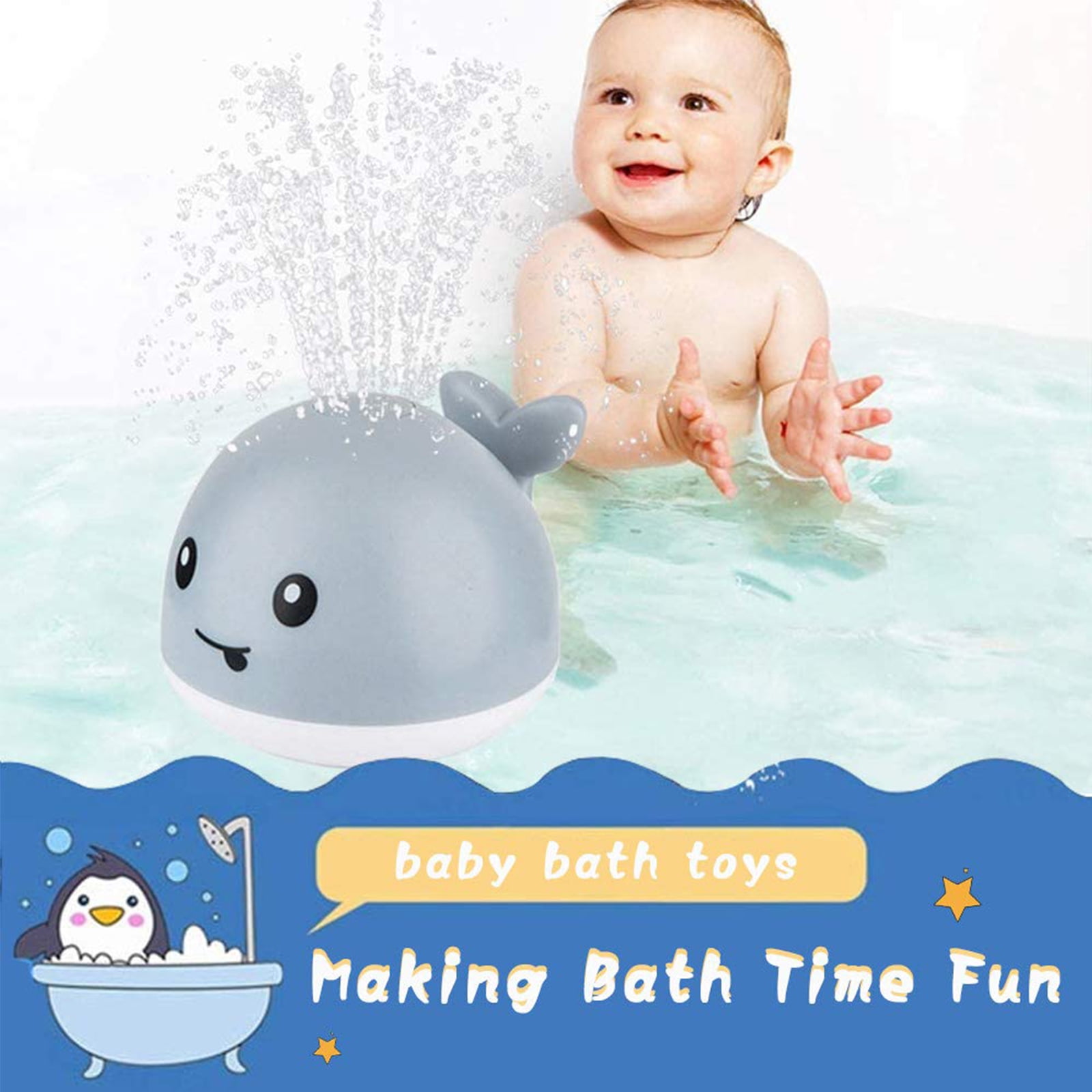 OMZER Baby Light up Bath Toys, Whale Spray Sprinkler Water Toy with LED Light for Toddlers Kids, Automatic Induction Sprinkler Bathtub Toys Bathroom Shower Swimming Pool Outdoor Water Toy (Gray)
