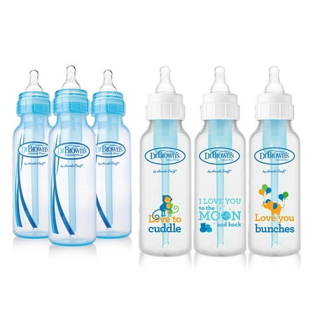 Dr. Brown's Baby Bottles Boys 6 Pack - 3 (8 oz) Blue and 3 (8 oz) Clear