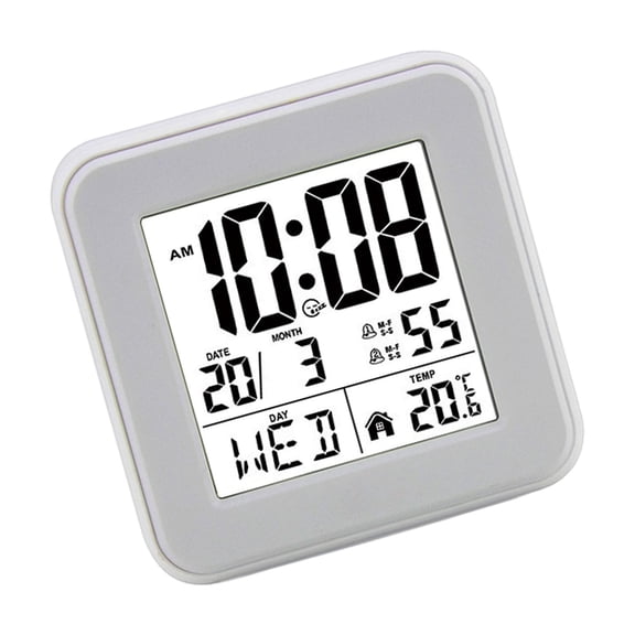 Small Digital Alarm Clock Operated LCD with Date Day Temperature Backlight Quiet Design for Heavy Sleepers