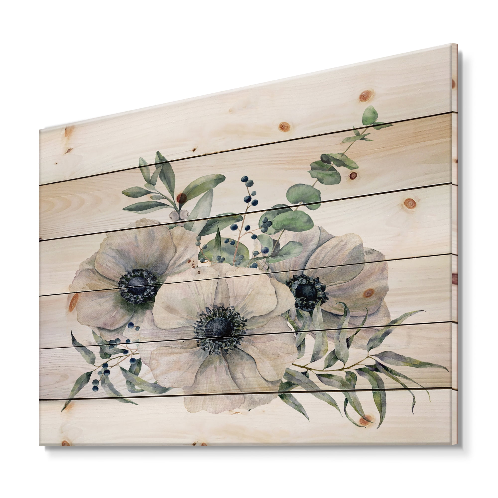 Designart 'Eucalyptus Leaves With White Anemone Bouquet' Traditional Print on Natural Pine Wood