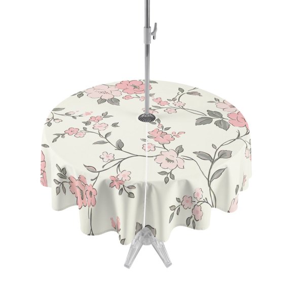 Outdoor Tablecloth with Umbrella Hole Zipper Pink Flowers Blossoms Round Tablecloth 54" Waterproof Outside Table Cloth Vintage Farmhouse Floral Patio Table Cover Tablecloths for Picnic Party