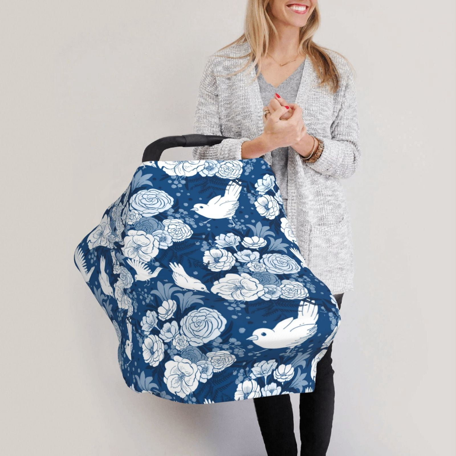 Fotbe Rose Flowers Pattern Car Seat Covers for Babies, Nursing Breastfeeding Cover Infant Carseat Canopy, Soft Stretchy Carrier Cover