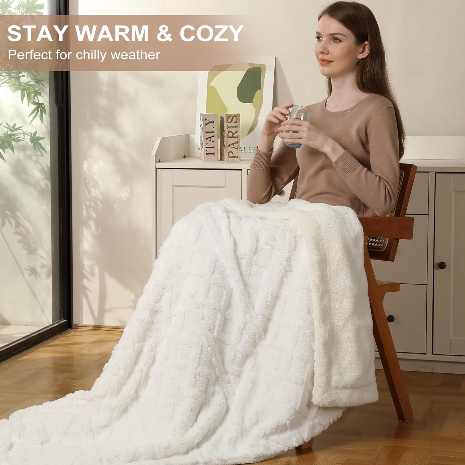 GARVEE Electric Heated Blanket Throw,50"×60" Fast Heating Blanket Throw with 10 Heating Levels&10 Time Settings,Off White