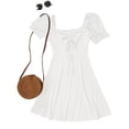 thumbnail image 6 of Womens Summer Sweetheart Neck Short Puff Sleeve Mini Drawstring Casual Slim Flowy Dress Sundress, 6 of 6