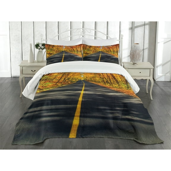 Ambesonne Fall Quilted Bedspread Set 3 Pcs, Rural Road Countryside, Queen Size, Multicolor