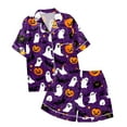 thumbnail image 5 of oqasdz Womens Halloween Pajamas Ghost Pumpkin Printed Silk Short Sleeve Button Down 2 Piece Loungewear Set Sleepwear, L, 5 of 7