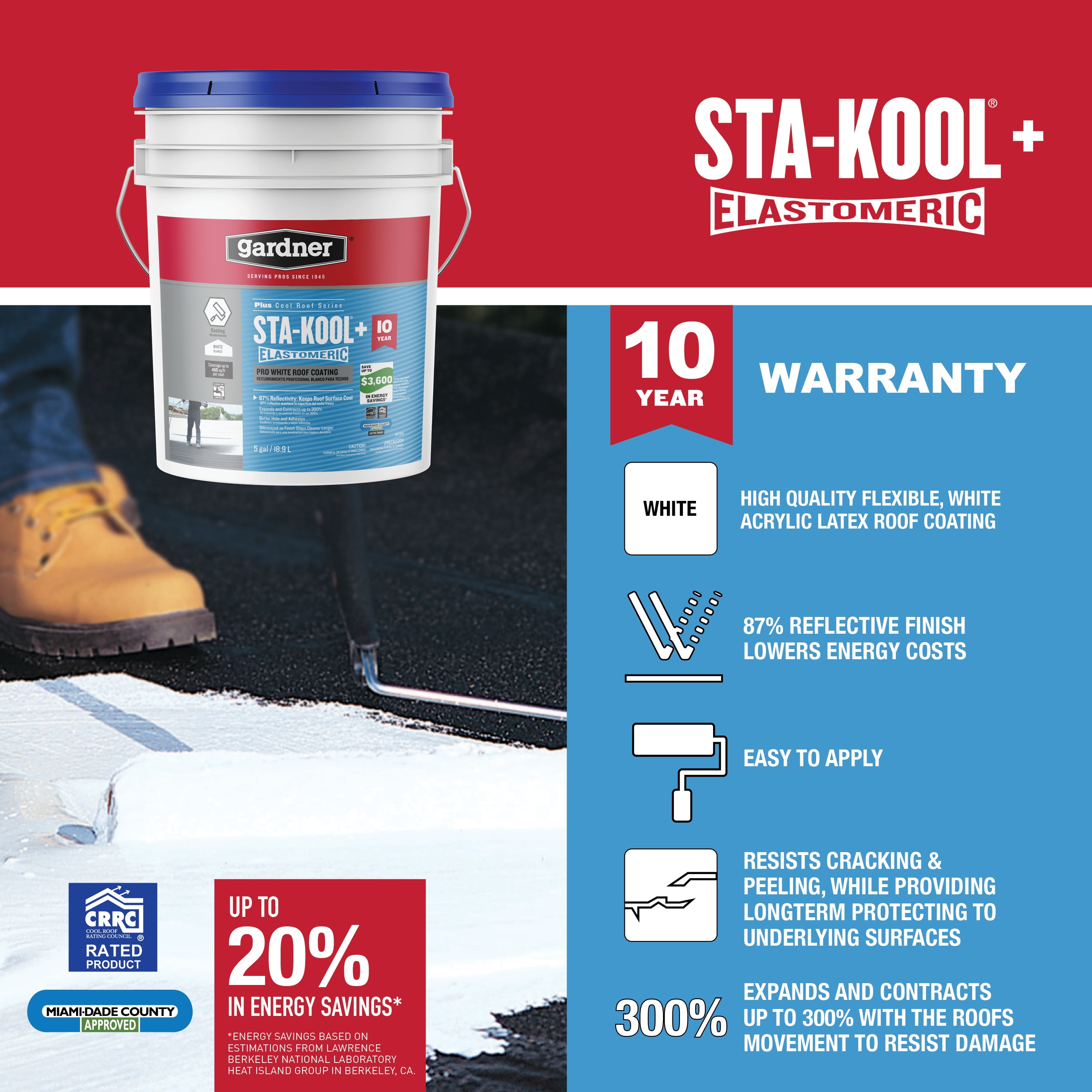 Gardner Sta-Kool 10YR Pro White Elastomeric Coating Elastomeric Pro White Roof Coating, White, 1 Gallon