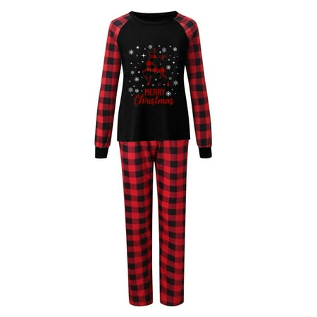 

shucnskos Womens Christmas Pajamas Christmas Parent Child Outfit Merry Christmas Deer Plaid Long Sleeve Set (Mother s Style) Red Women s Polyester T-Shirt