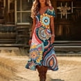 thumbnail image 3 of Women's Retro Floral Print V Neck Short Sleeve Midi Dress Loose Fit Flowy Beach Dress Comfy Summer Dress for Vacation and Casual Wear, Size S-2XL, 3 of 5