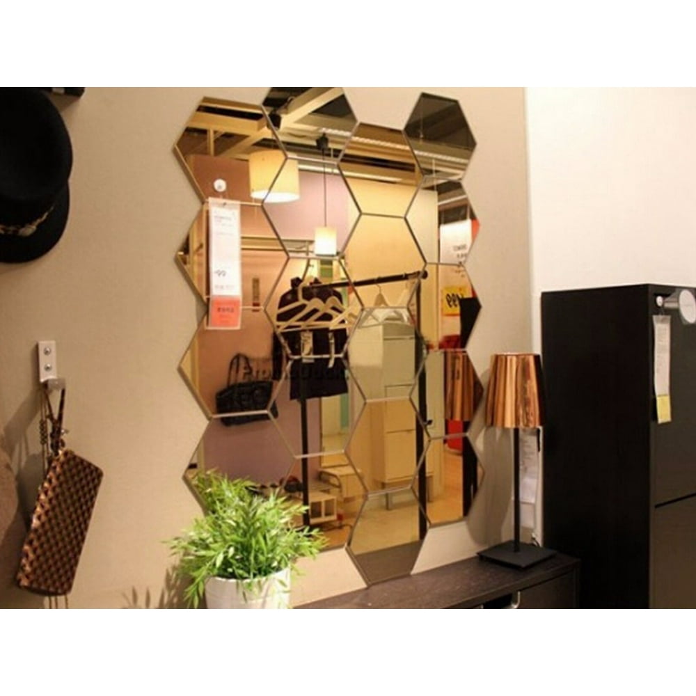 12Pcs 3D DIY Mirror Wall Sticker Hexagonal Mirror Self Adhesive Mirror