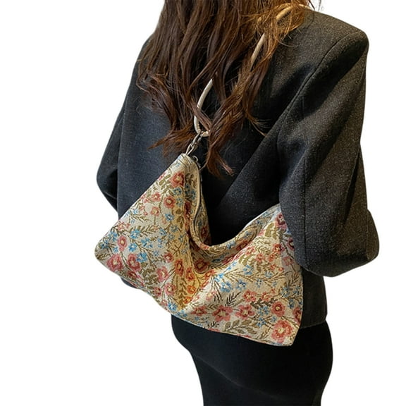 FENOHREFE Women Large Capacity Underarm Bag Crossbody Bag Vintage Ethnic Flower Zippered Shoulder Handbag for Travel Casual