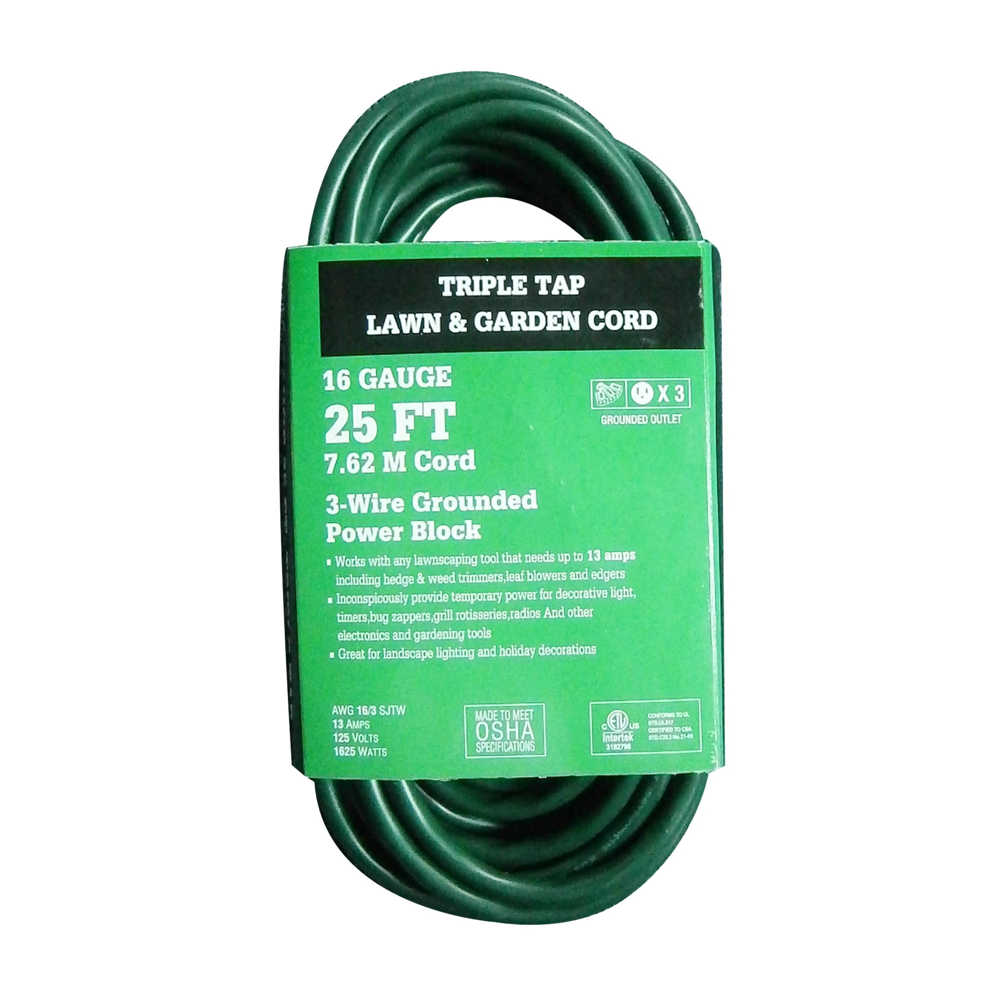 15' 16/3 Triple Tap Lawn and Garden Extension Cord, Green