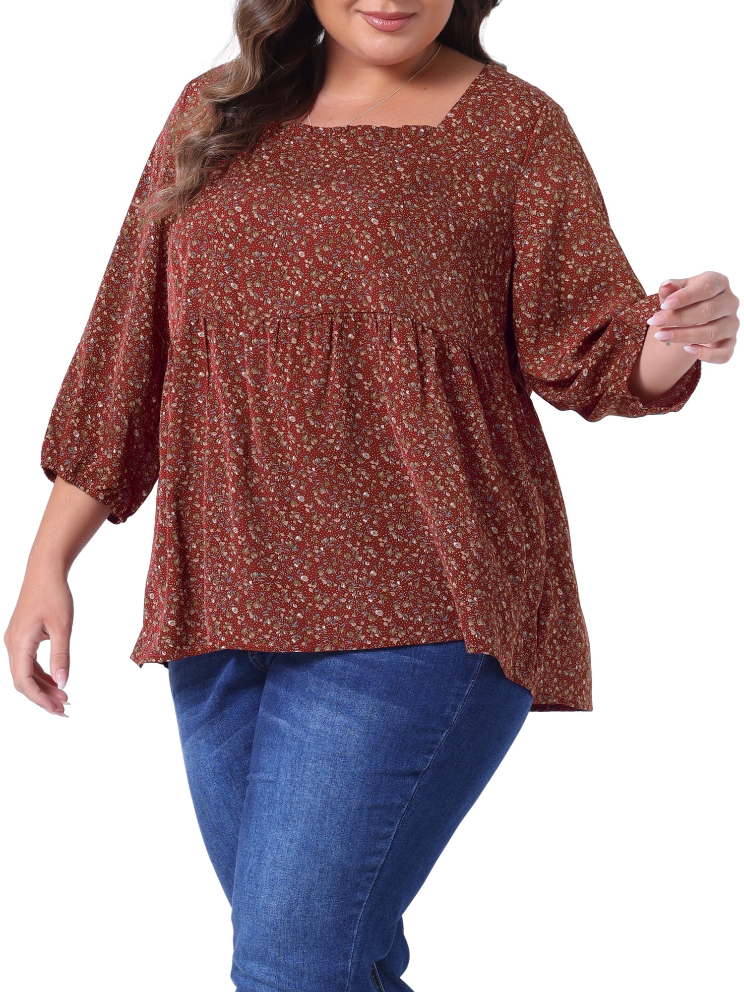 DARING DIVA Women's Plus Dressy 3/4 Sleeve Floral Peplum Babydoll Top 3X Burgundy