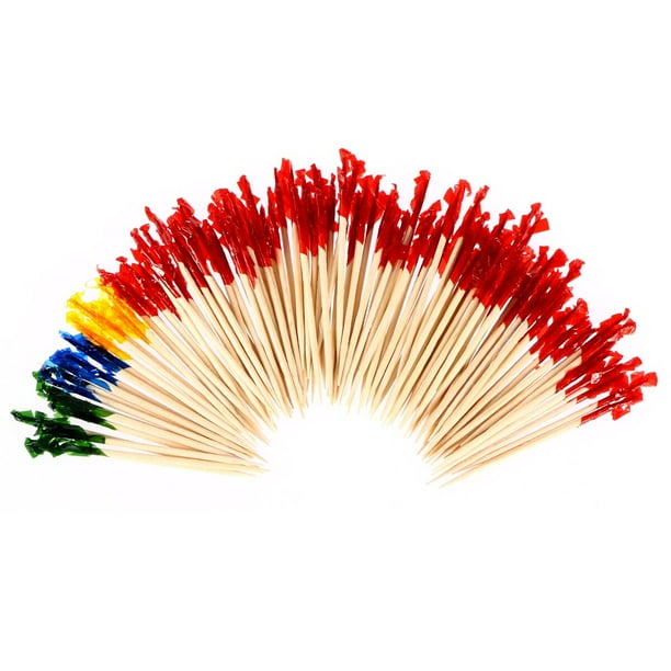 100 palillos de bambú para frutas con tiras de plástico de colores, para flores, cócteles, sándwiches, frutas, suministros para fiestas.