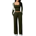 thumbnail image 6 of JGGSPWM Women's 2 Piece Outfits Solid Color Long Sleeve Square Neck Crop Tops Wide Leg Tracksuits Casual Lounge Set Green M, 6 of 9