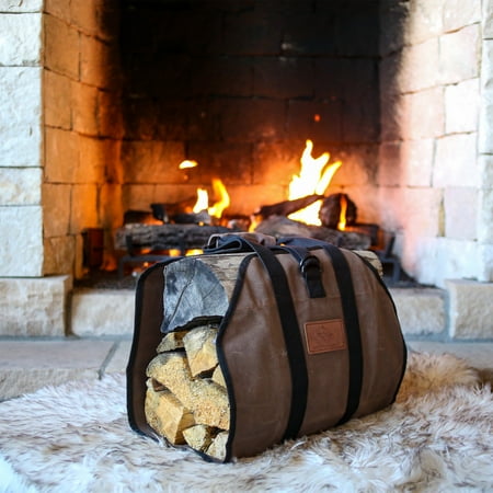 WHITEDUCK TUFF Large Firewood Carrier 21 Oz. Heavy Duty Waxed Canvas Log Carrier Holder for Fireplace, Carrying Wood Indoor & Outdoor (Brown, Diamond Shape (38" x 18"))