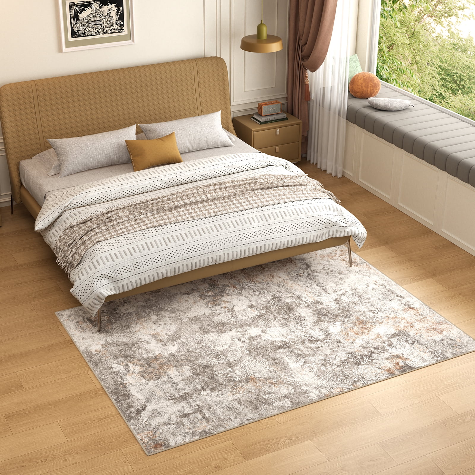 Washable Area Rug for Living Room, NovDeco 5'x7' Non-Slip Neutral Abstract Beige Indoor Rug, Soft Low Pile Stain Resistant Carpet for Bedroom Nursery