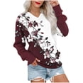 thumbnail image 2 of CLOISE Sweatshirts for Women Long Raglan Sleeve Pullover Tops Floral V Neck Shirts Fleece Loose Trendy Outdoor Fall Clothing with Pockets Wine XL, 2 of 5