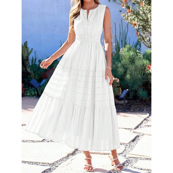 White Sleeveless V-Neck High-Waist Tiered A-Line Maxi Dress